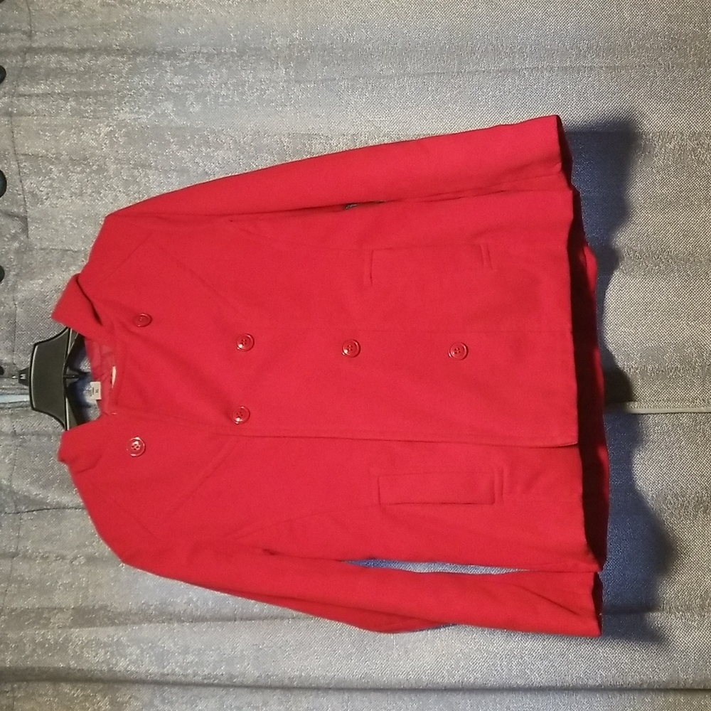 Red Double Breasted Pea Coat in excellent condition.